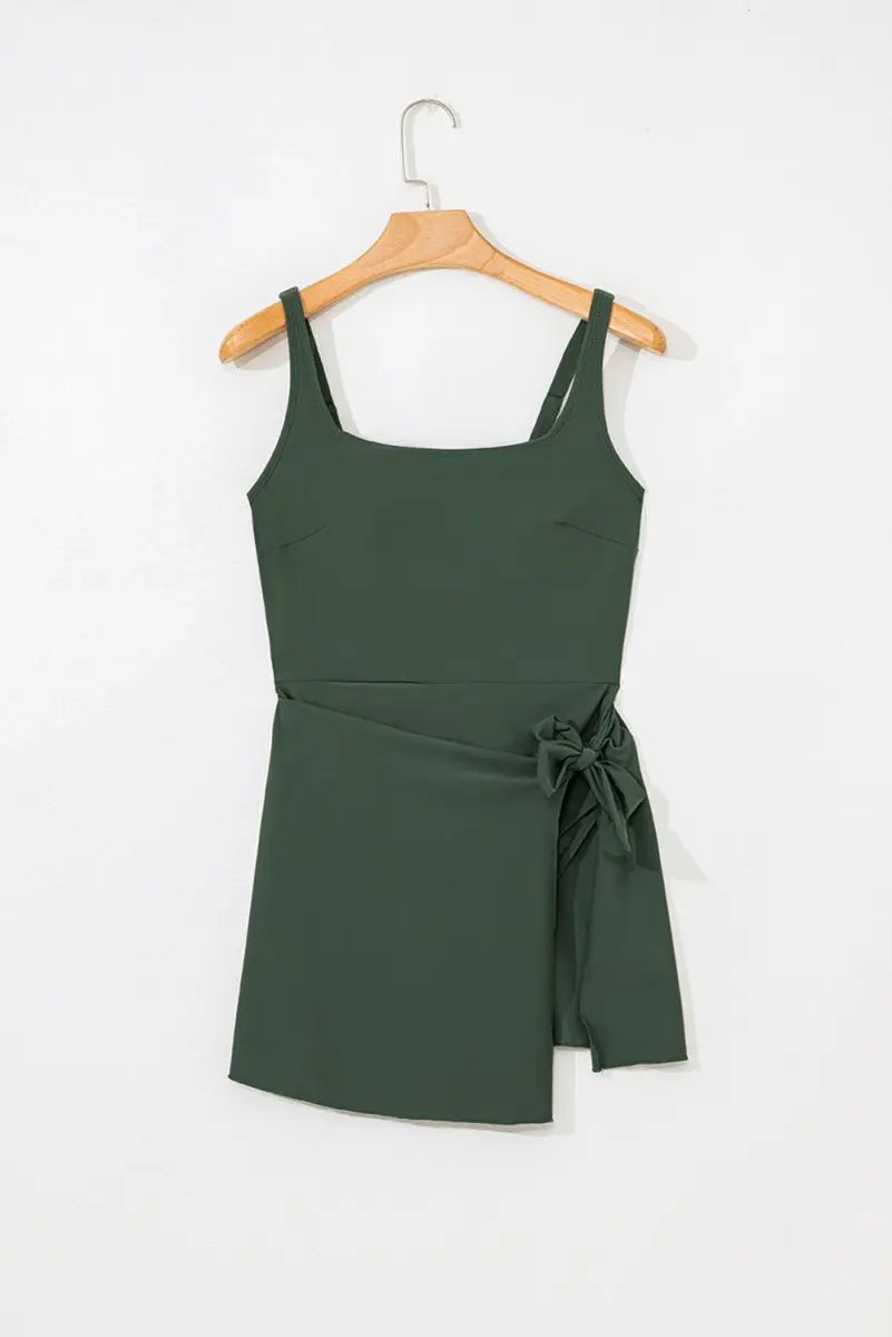 Mist Green Side Tied Waist Square Neck Adjustable Straps A-line One Piece Swim Dress - Love Salve